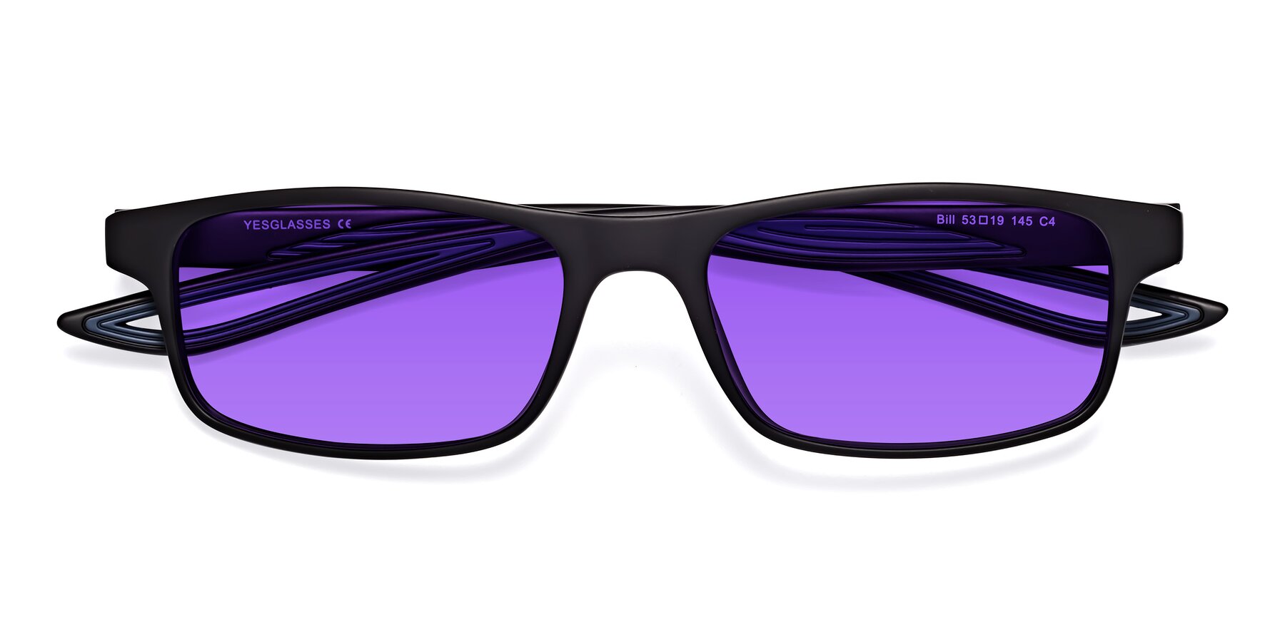 Folded Front of Bill in Matte Black-Blue with Purple Tinted Lenses