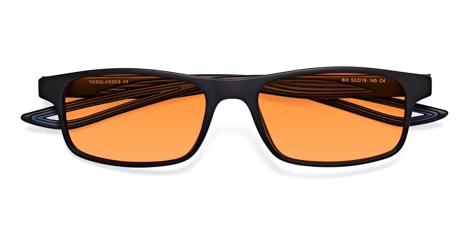 Folded Front of Bill in Matte Black-Blue with Orange Tinted Lenses