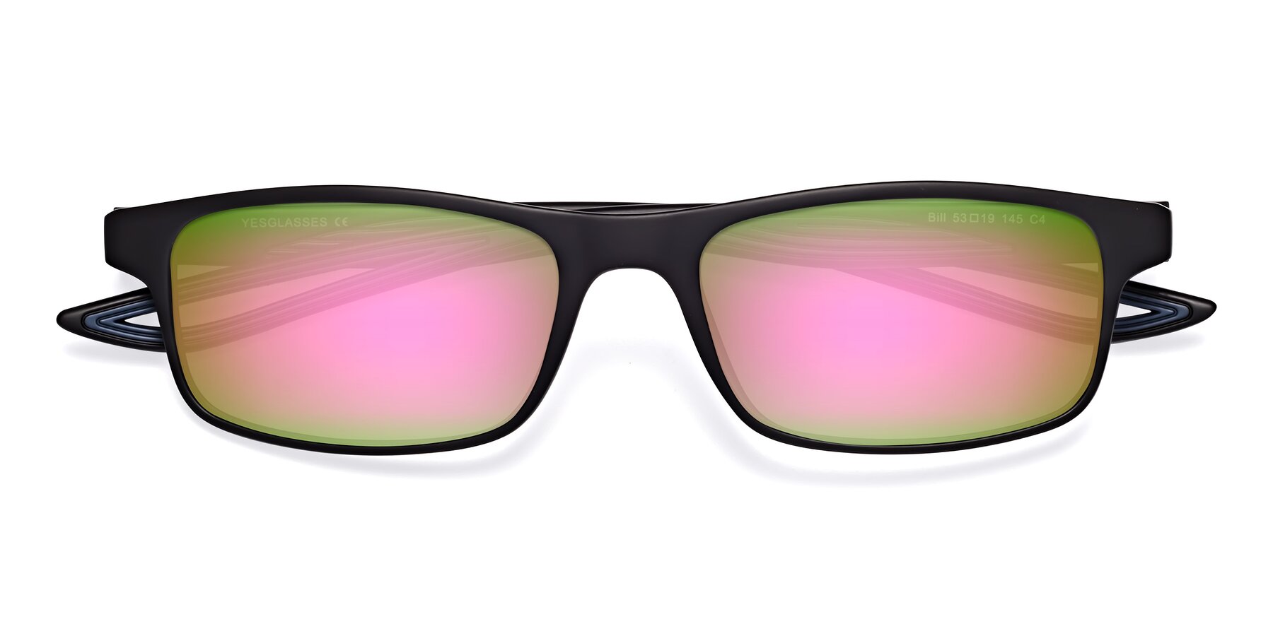 Folded Front of Bill in Matte Black-Blue with Pink Mirrored Lenses