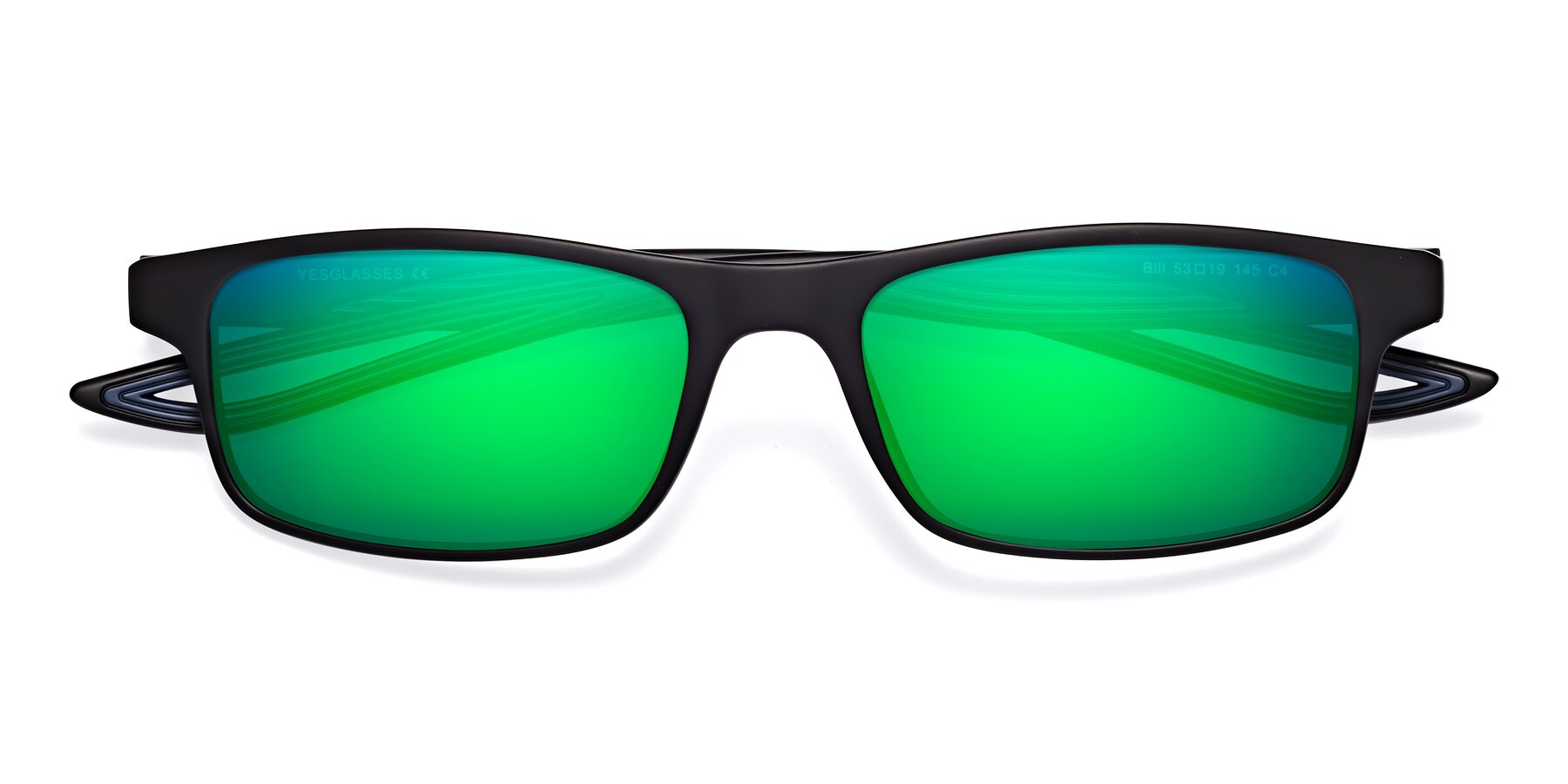 Folded Front of Bill in Matte Black-Blue with Green Mirrored Lenses