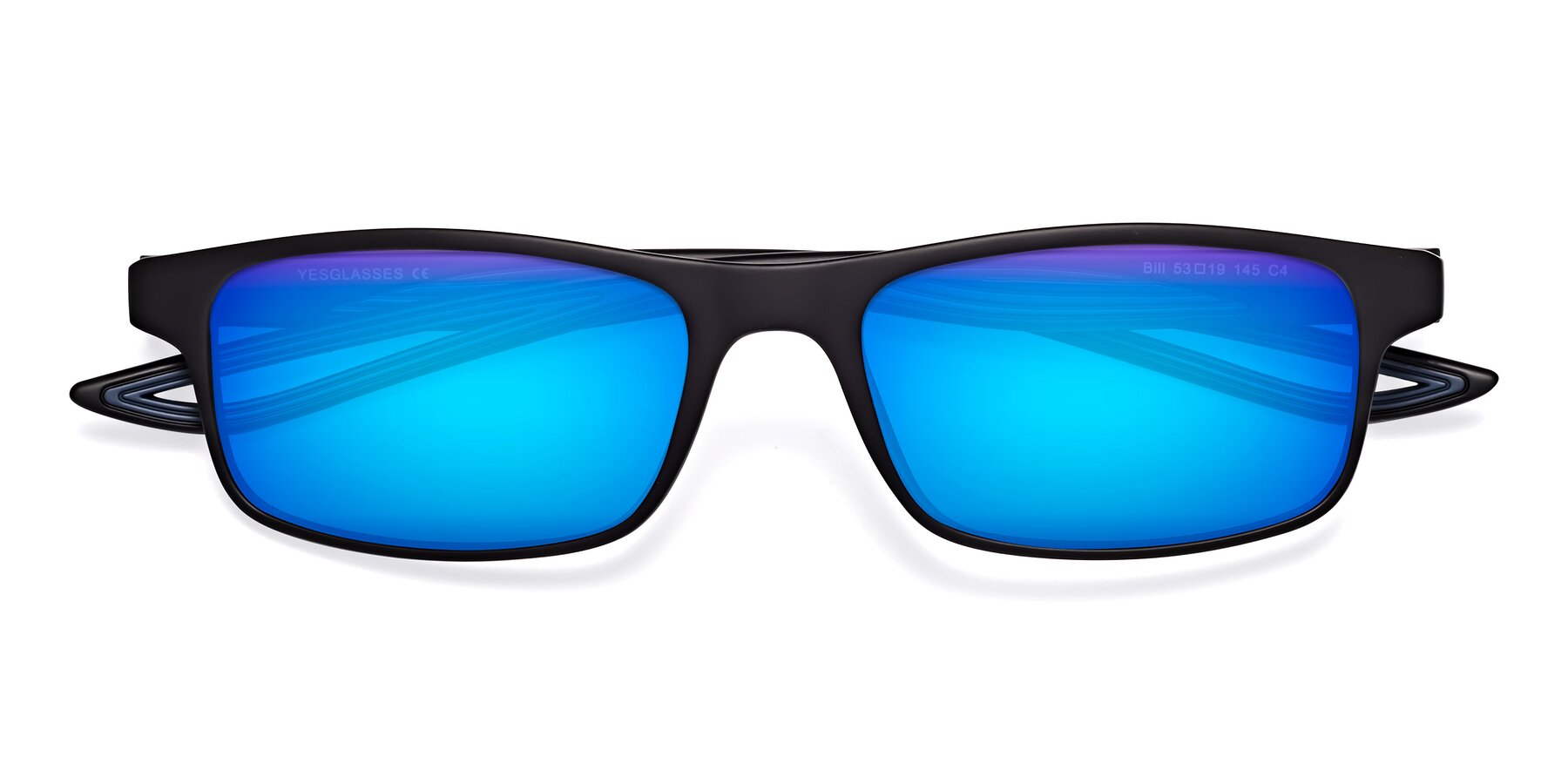 Folded Front of Bill in Matte Black-Blue with Blue Mirrored Lenses