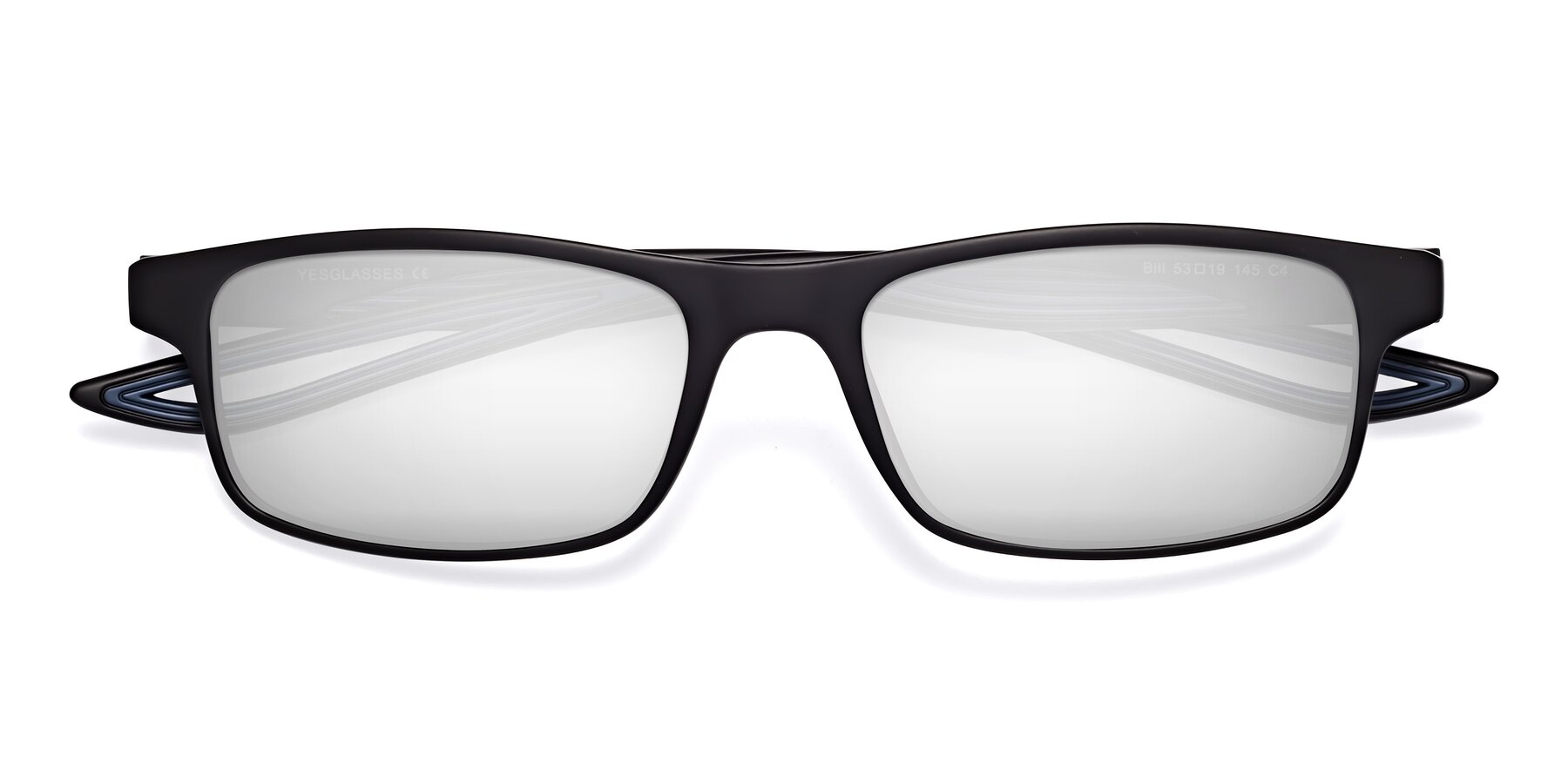 Folded Front of Bill in Matte Black-Blue with Silver Mirrored Lenses