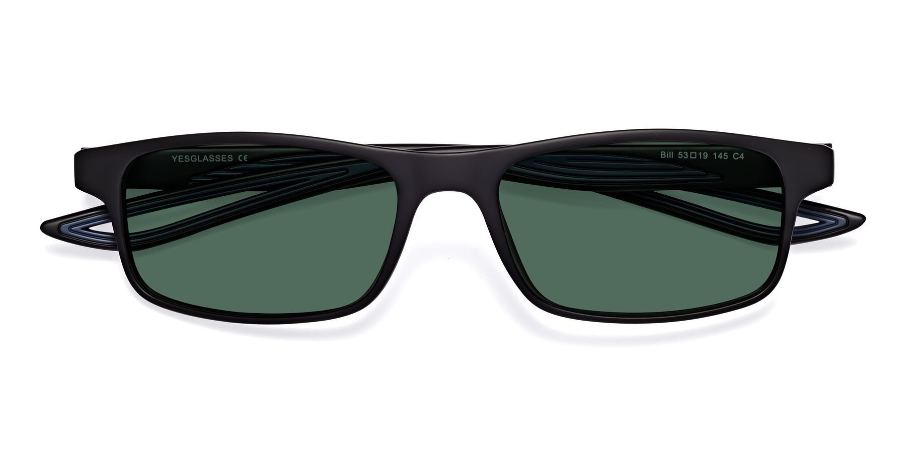 Folded Front of Bill in Matte Black-Blue with Green Polarized Lenses