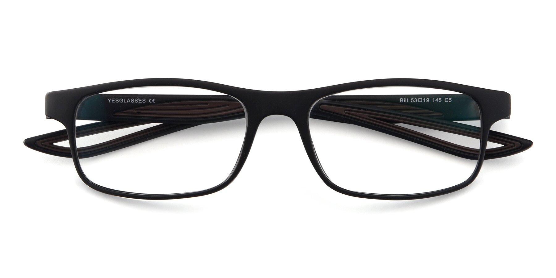 Folded Front of Bill in Matte Black-Coffee with Clear Eyeglass Lenses