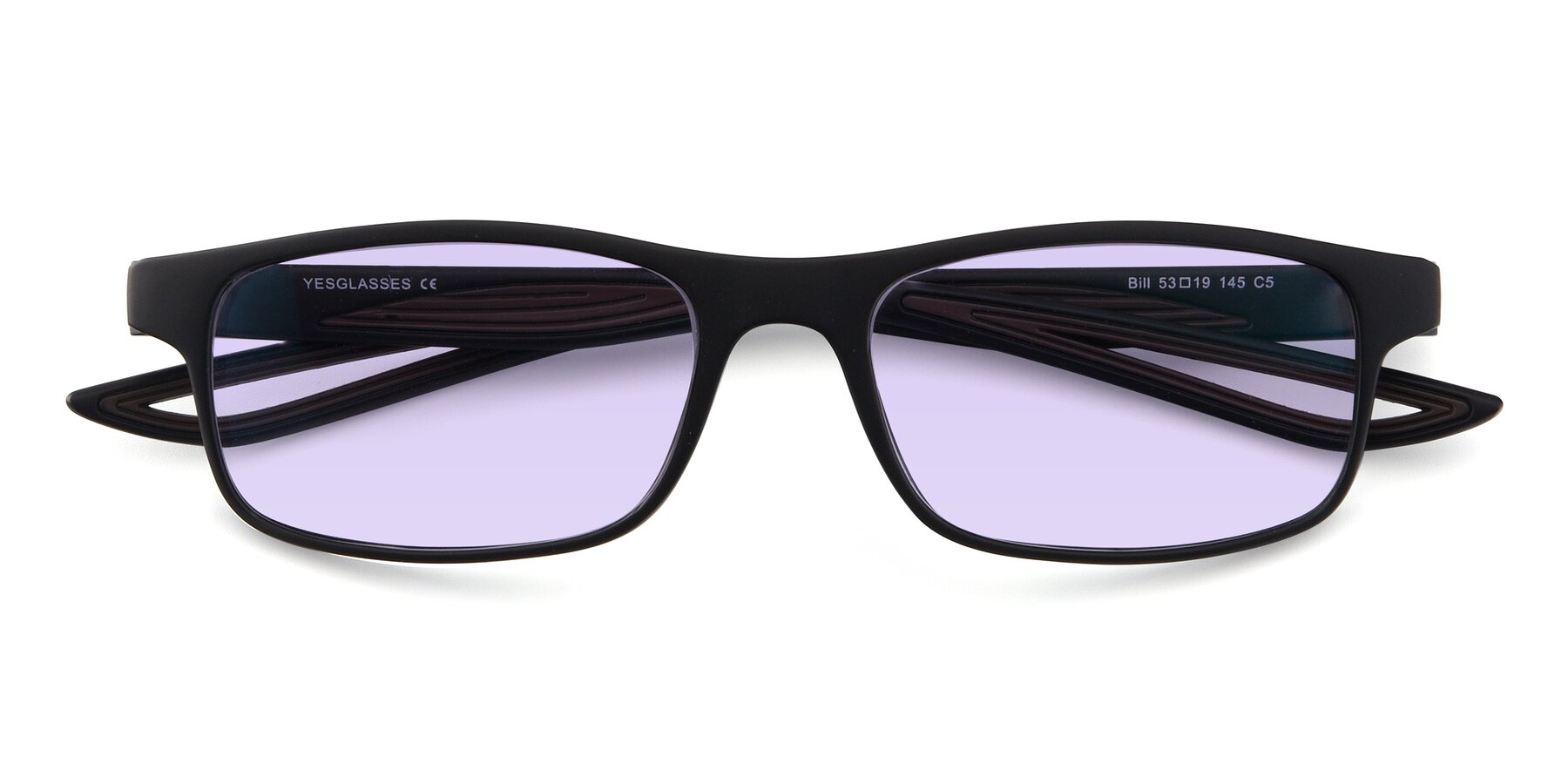 Folded Front of Bill in Matte Black-Coffee with Light Purple Tinted Lenses