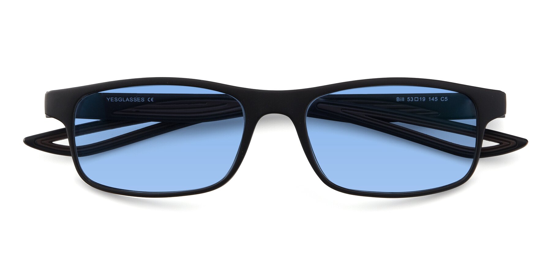 Folded Front of Bill in Matte Black-Coffee with Medium Blue Tinted Lenses