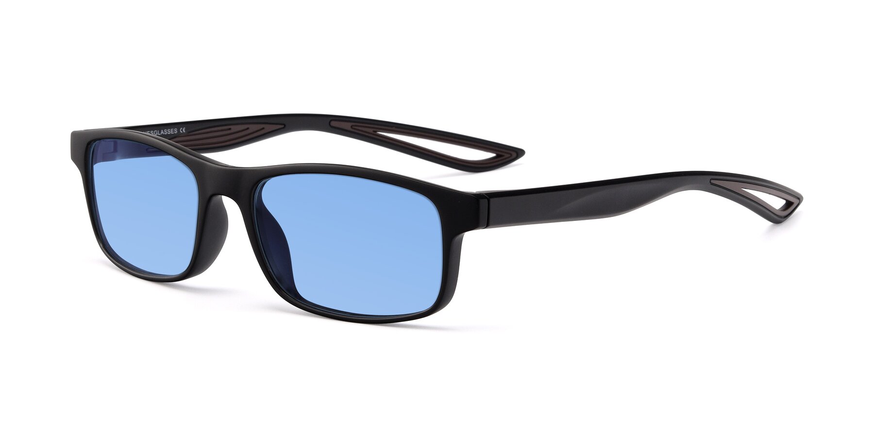 Angle of Bill in Matte Black-Coffee with Medium Blue Tinted Lenses