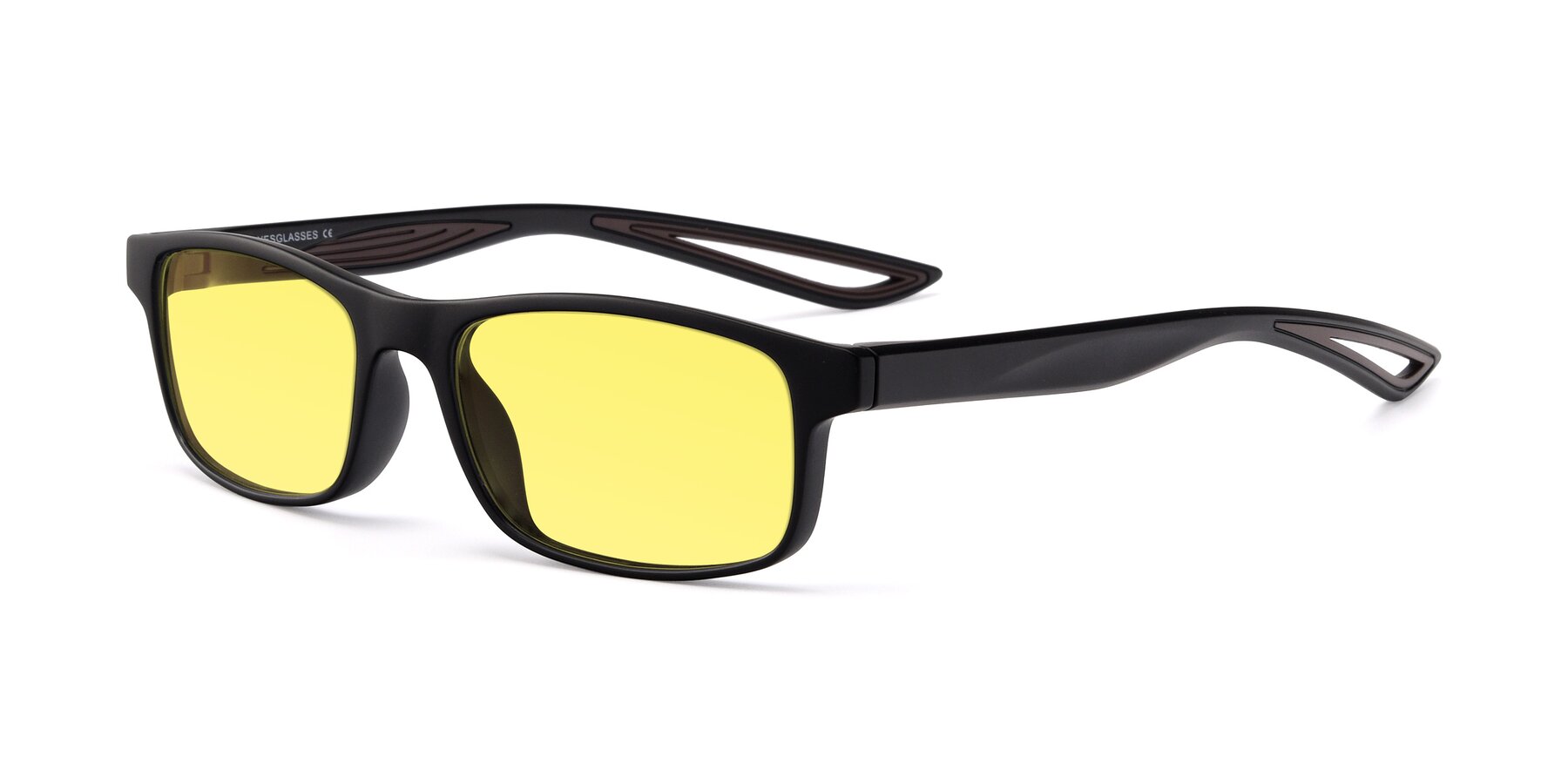 Angle of Bill in Matte Black-Coffee with Medium Yellow Tinted Lenses