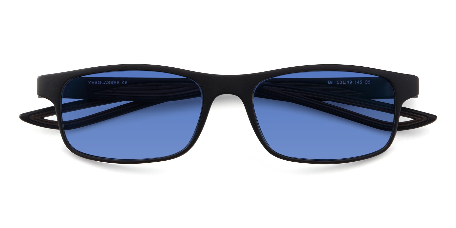 Folded Front of Bill in Matte Black-Coffee with Blue Tinted Lenses