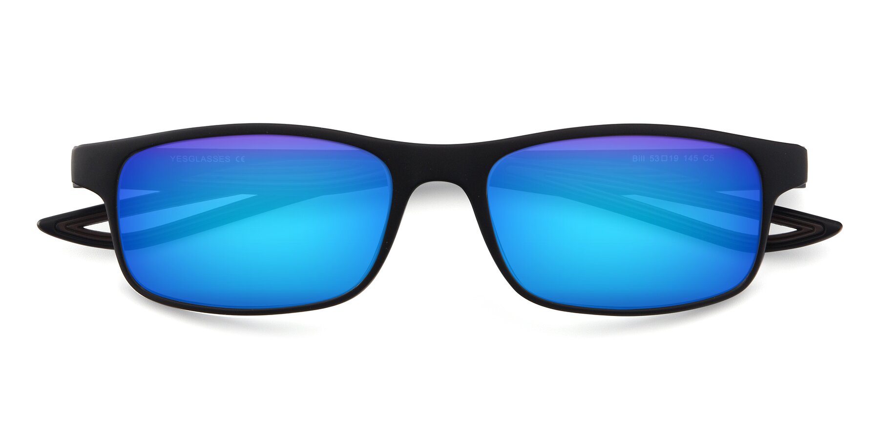 Folded Front of Bill in Matte Black-Coffee with Blue Mirrored Lenses