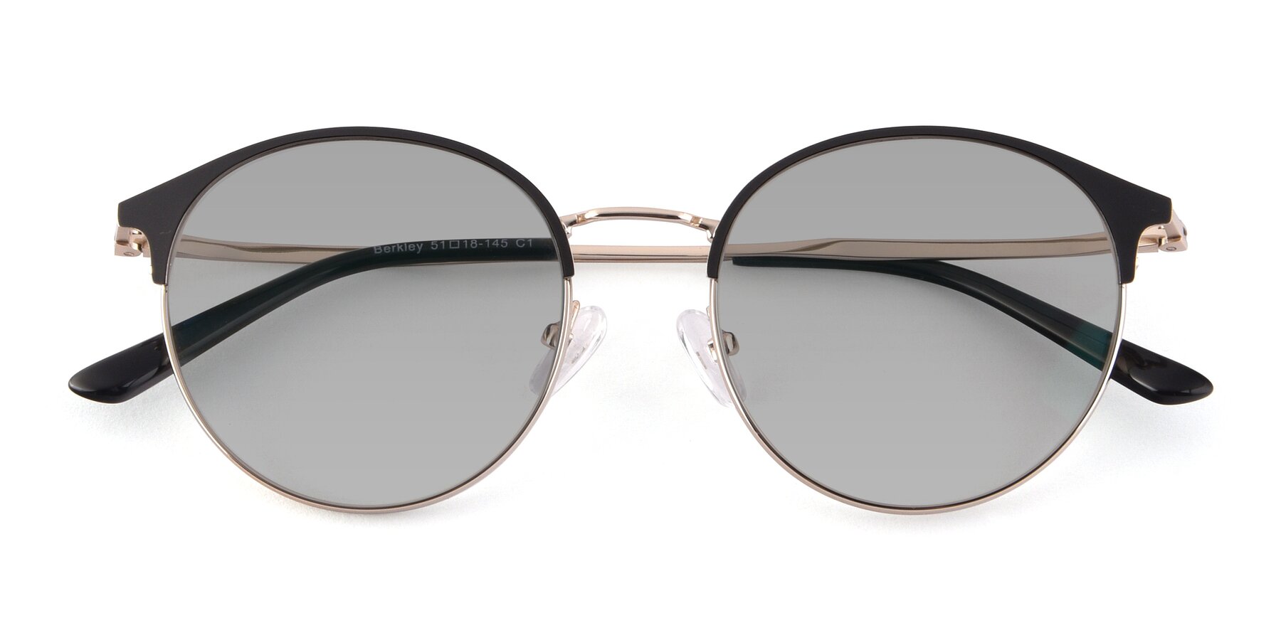 Folded Front of Berkley in Black-Gold with Light Gray Tinted Lenses