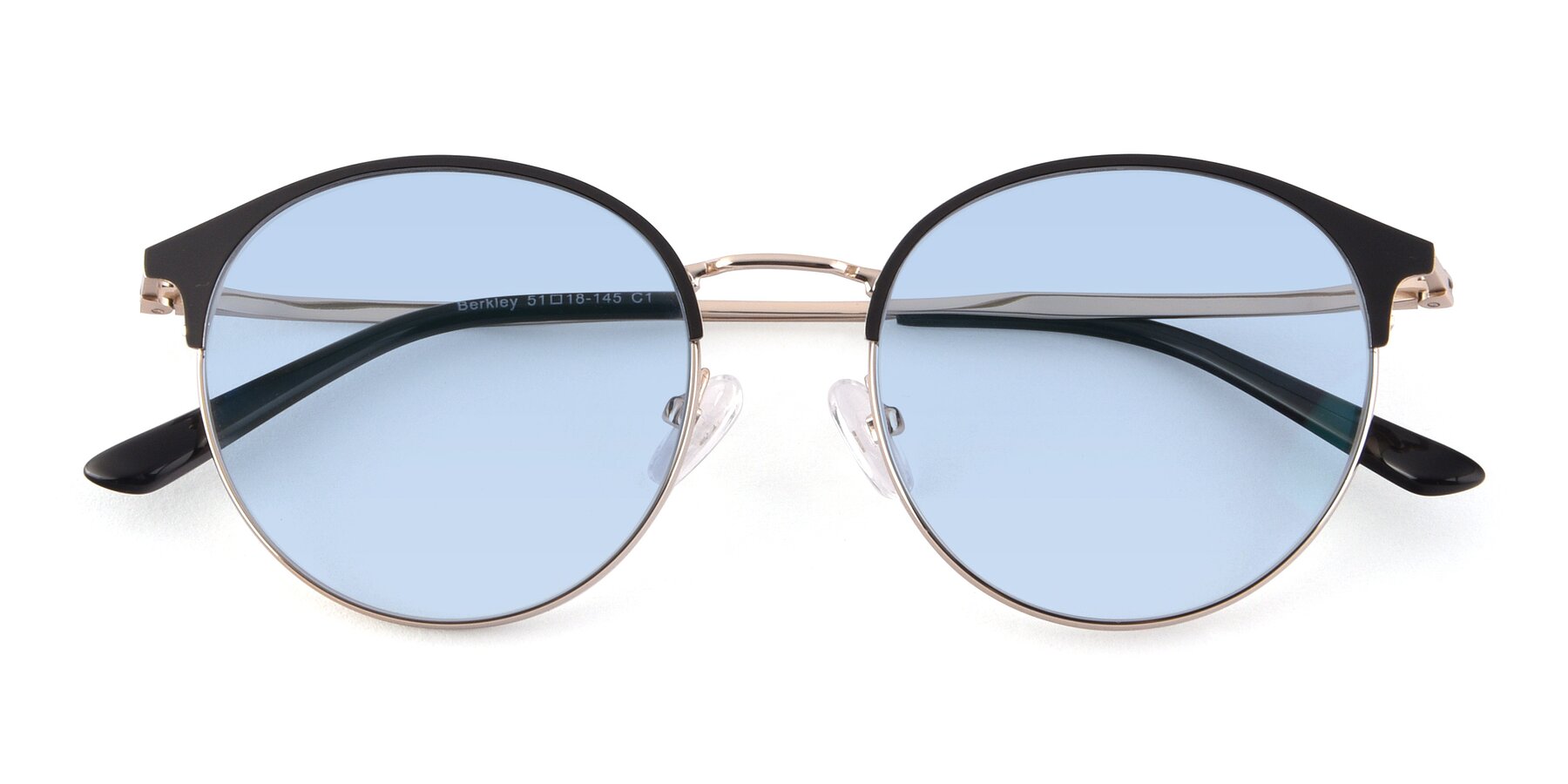Folded Front of Berkley in Black-Gold with Light Blue Tinted Lenses