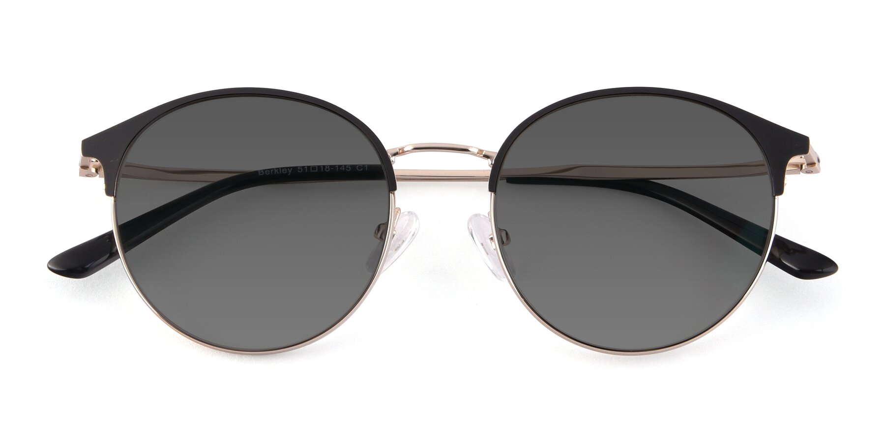 Folded Front of Berkley in Black-Gold with Medium Gray Tinted Lenses
