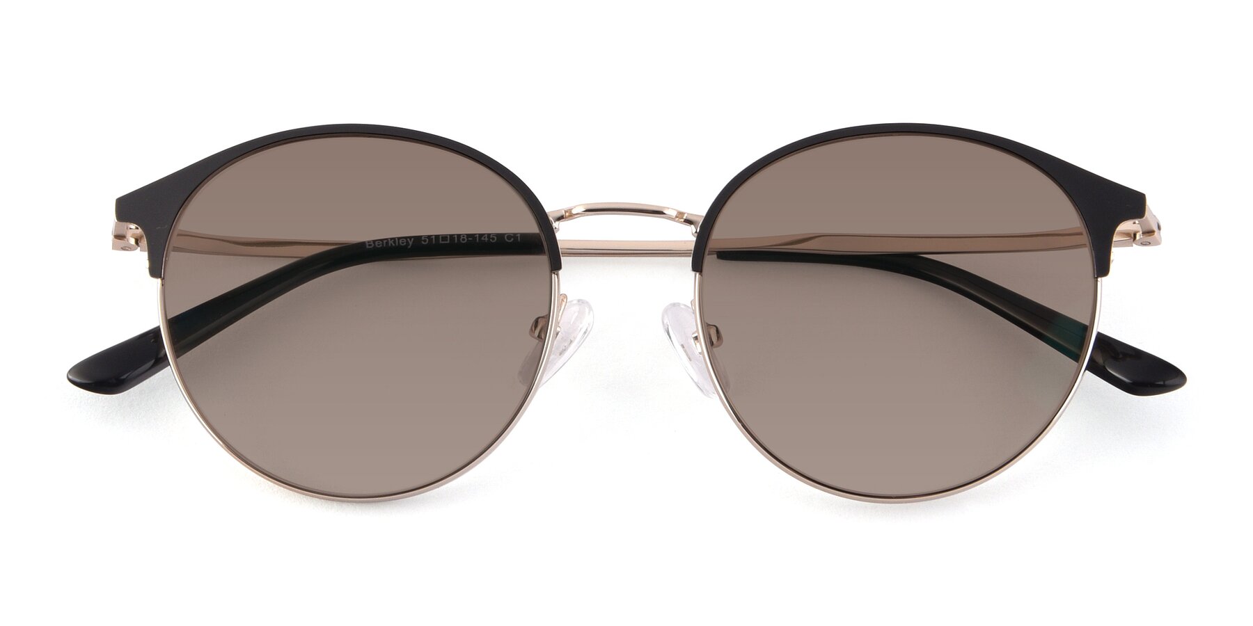 Folded Front of Berkley in Black-Gold with Medium Brown Tinted Lenses