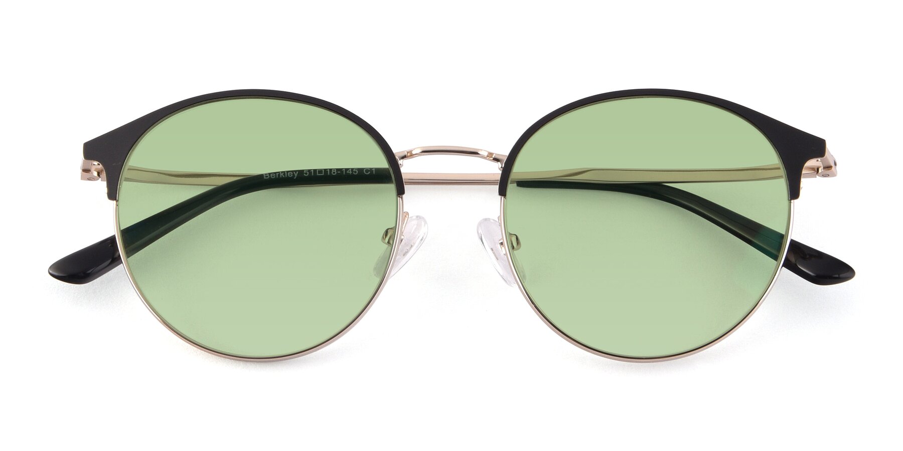 Folded Front of Berkley in Black-Gold with Medium Green Tinted Lenses
