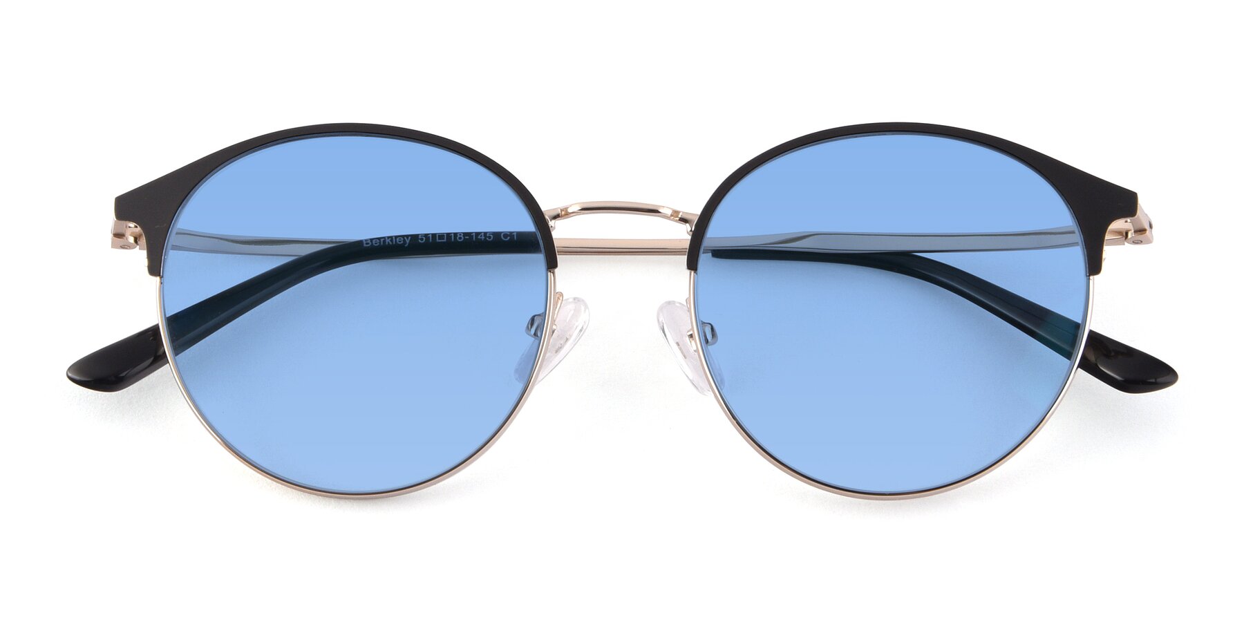 Folded Front of Berkley in Black-Gold with Medium Blue Tinted Lenses