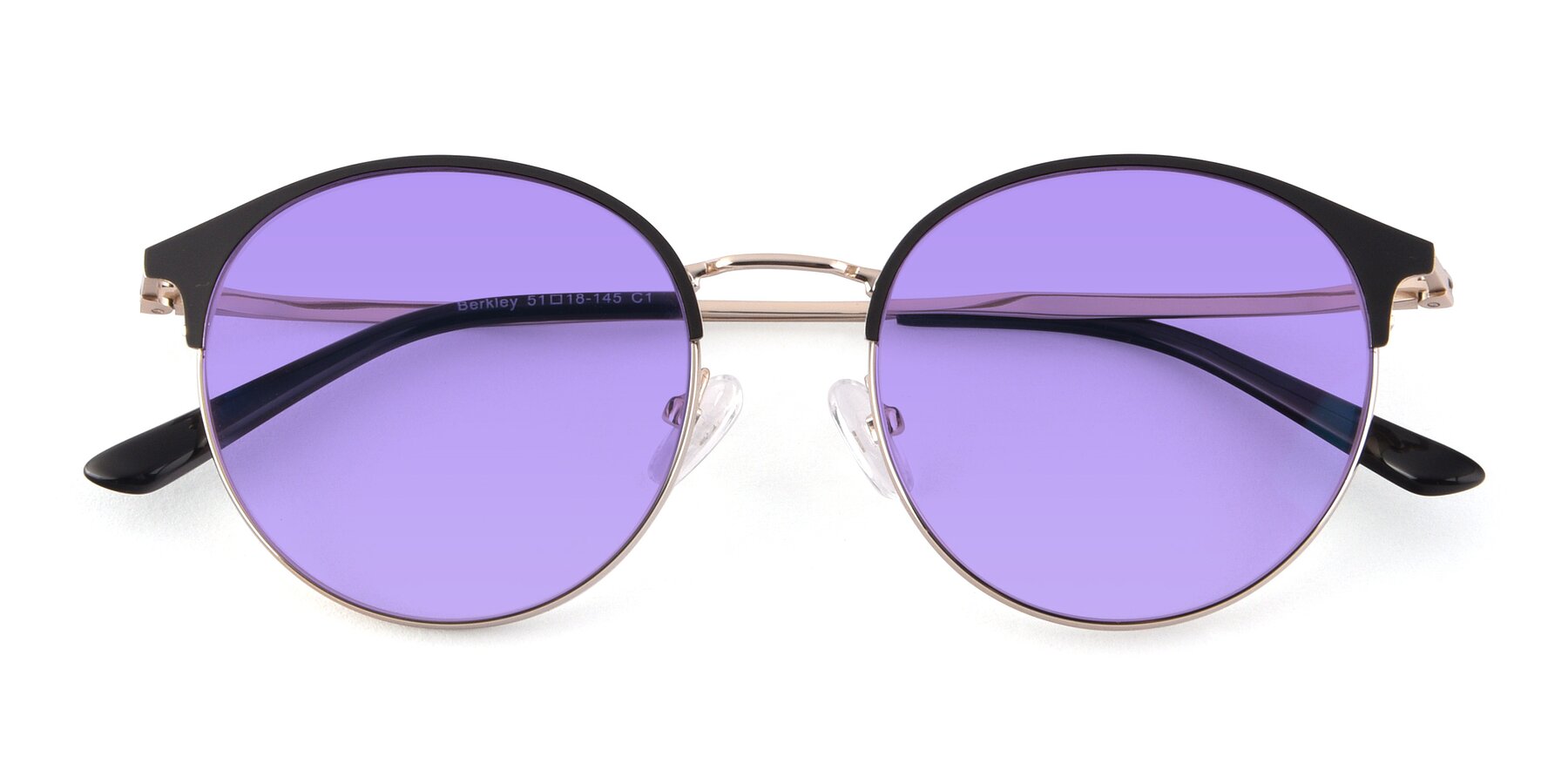Folded Front of Berkley in Black-Gold with Medium Purple Tinted Lenses
