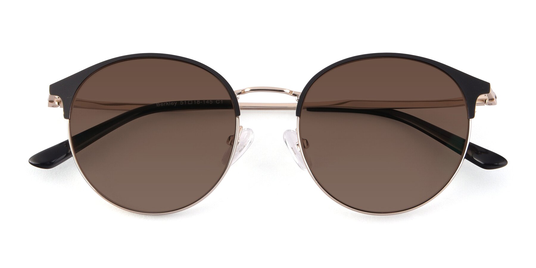 Folded Front of Berkley in Black-Gold with Brown Tinted Lenses