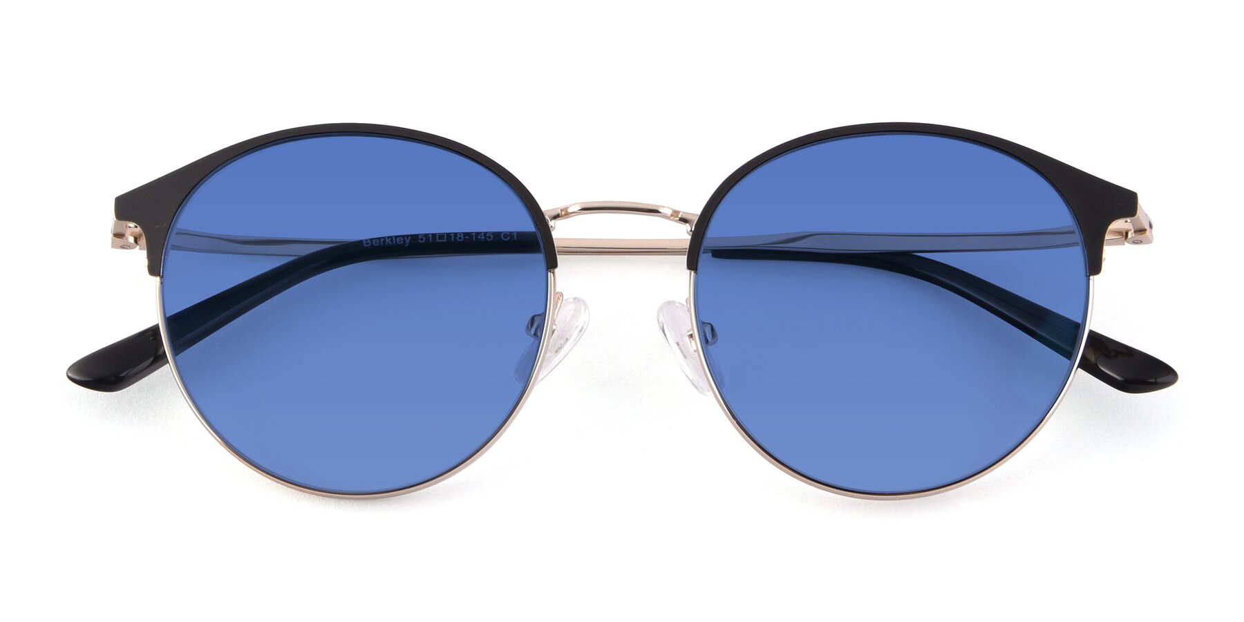 Folded Front of Berkley in Black-Gold with Blue Tinted Lenses