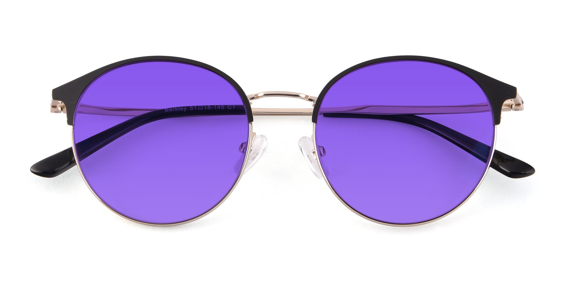 Folded Front of Berkley in Black-Gold with Purple Tinted Lenses