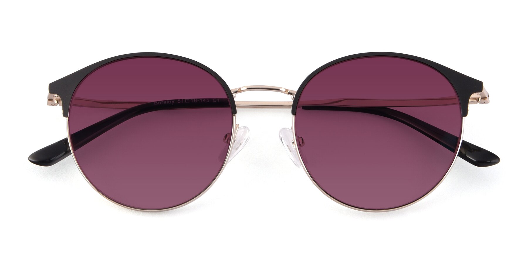 Folded Front of Berkley in Black-Gold with Wine Tinted Lenses