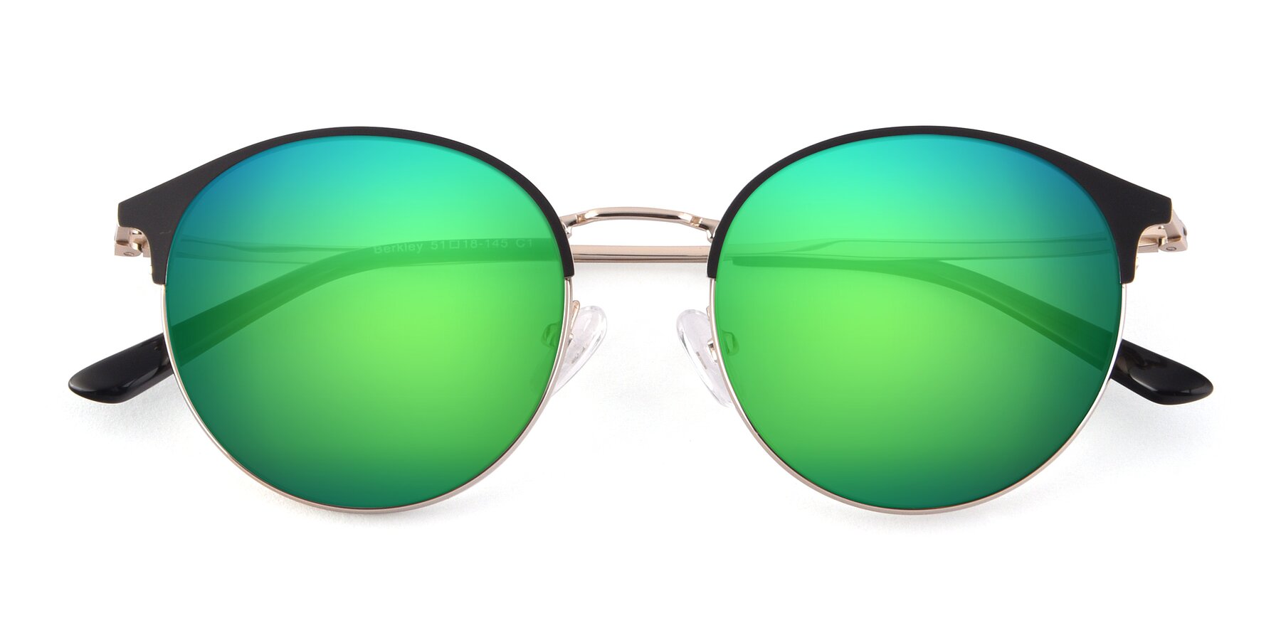 Folded Front of Berkley in Black-Gold with Green Mirrored Lenses