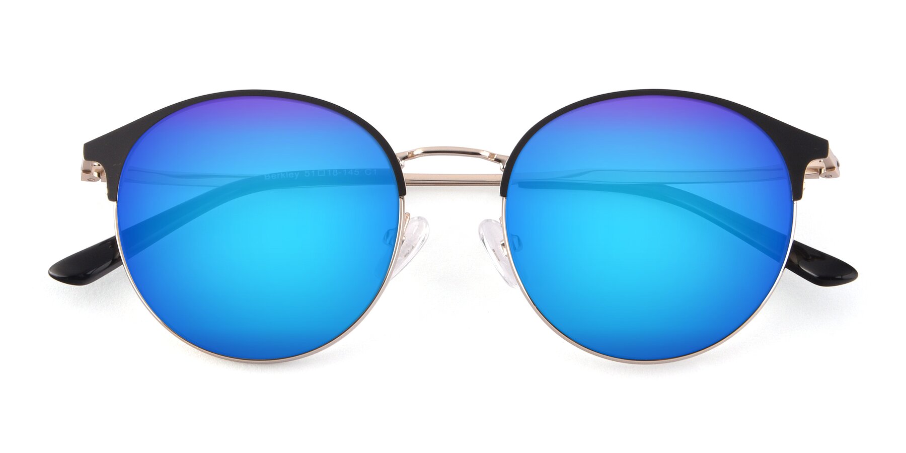 Folded Front of Berkley in Black-Gold with Blue Mirrored Lenses