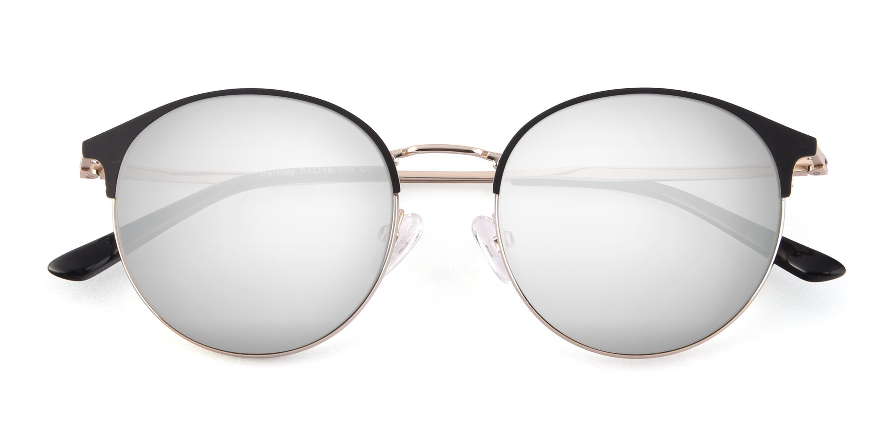 Folded Front of Berkley in Black-Gold with Silver Mirrored Lenses