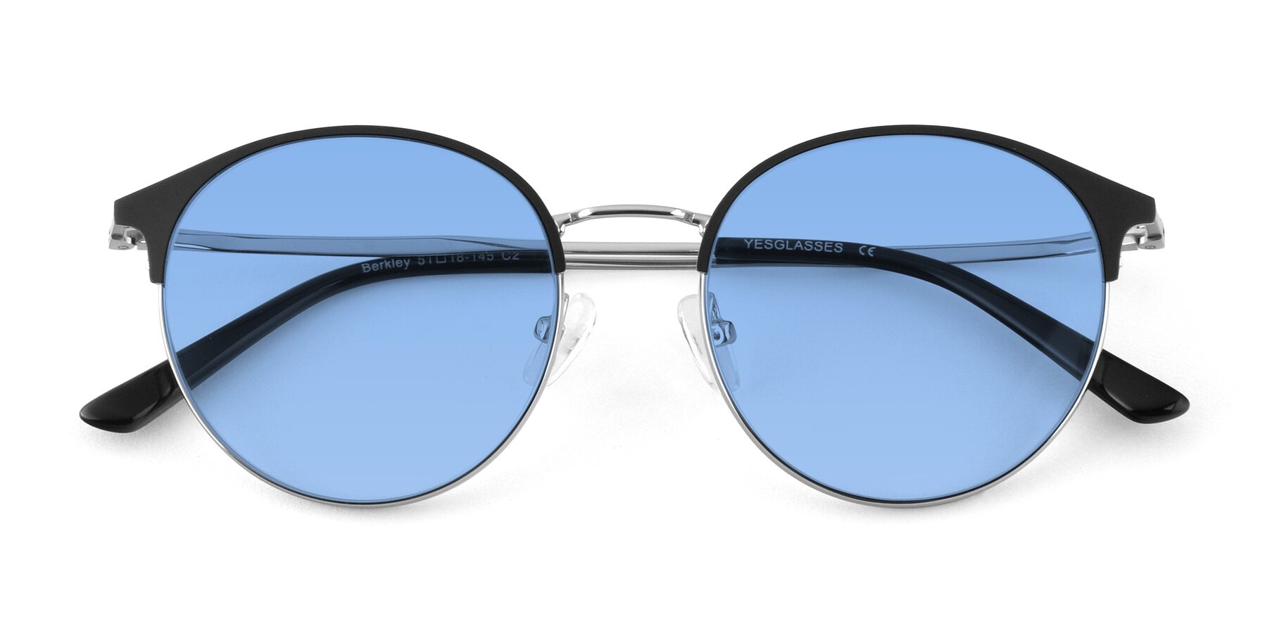 Folded Front of Berkley in Black-Silver with Medium Blue Tinted Lenses