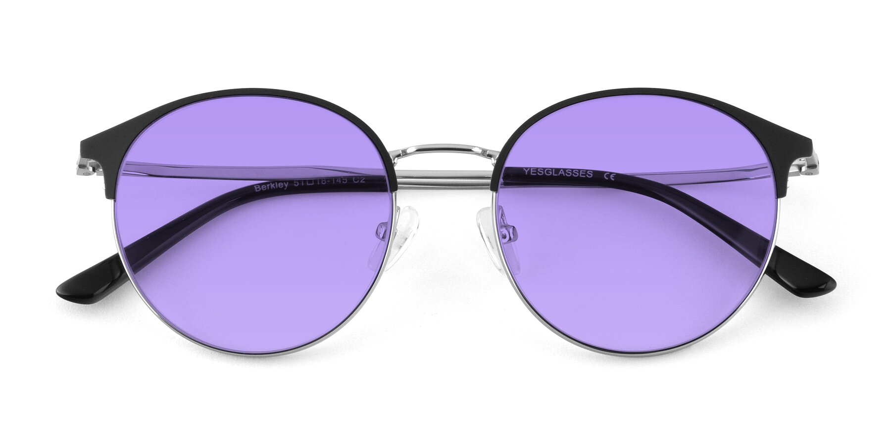 Folded Front of Berkley in Black-Silver with Medium Purple Tinted Lenses