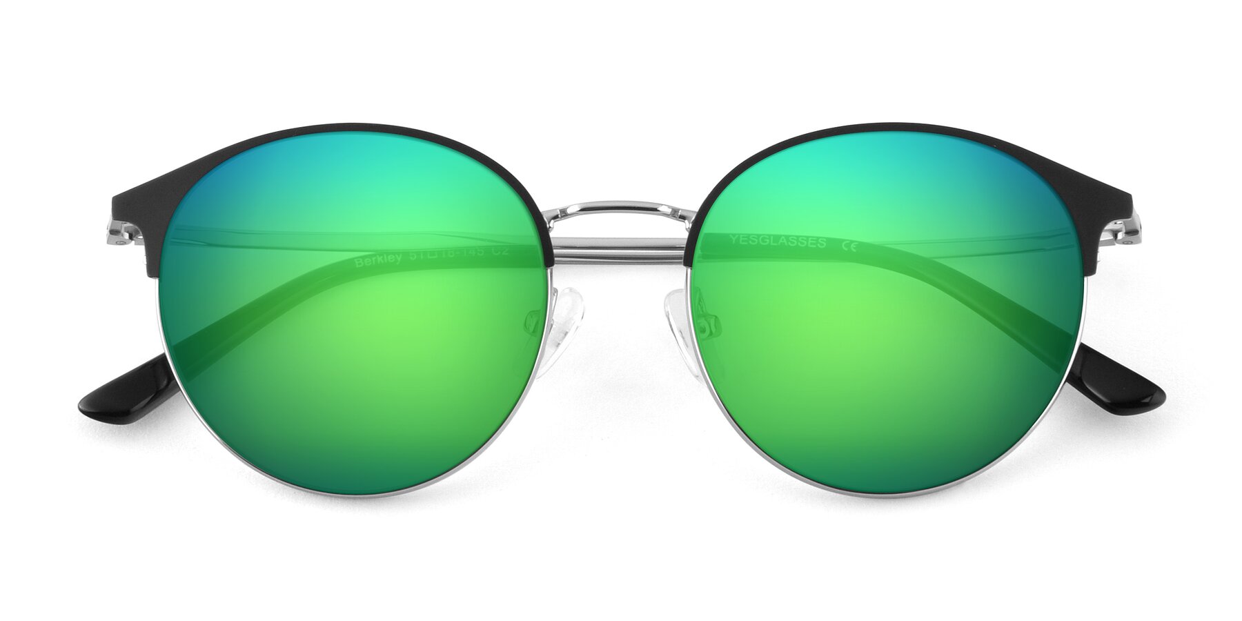 Folded Front of Berkley in Black-Silver with Green Mirrored Lenses