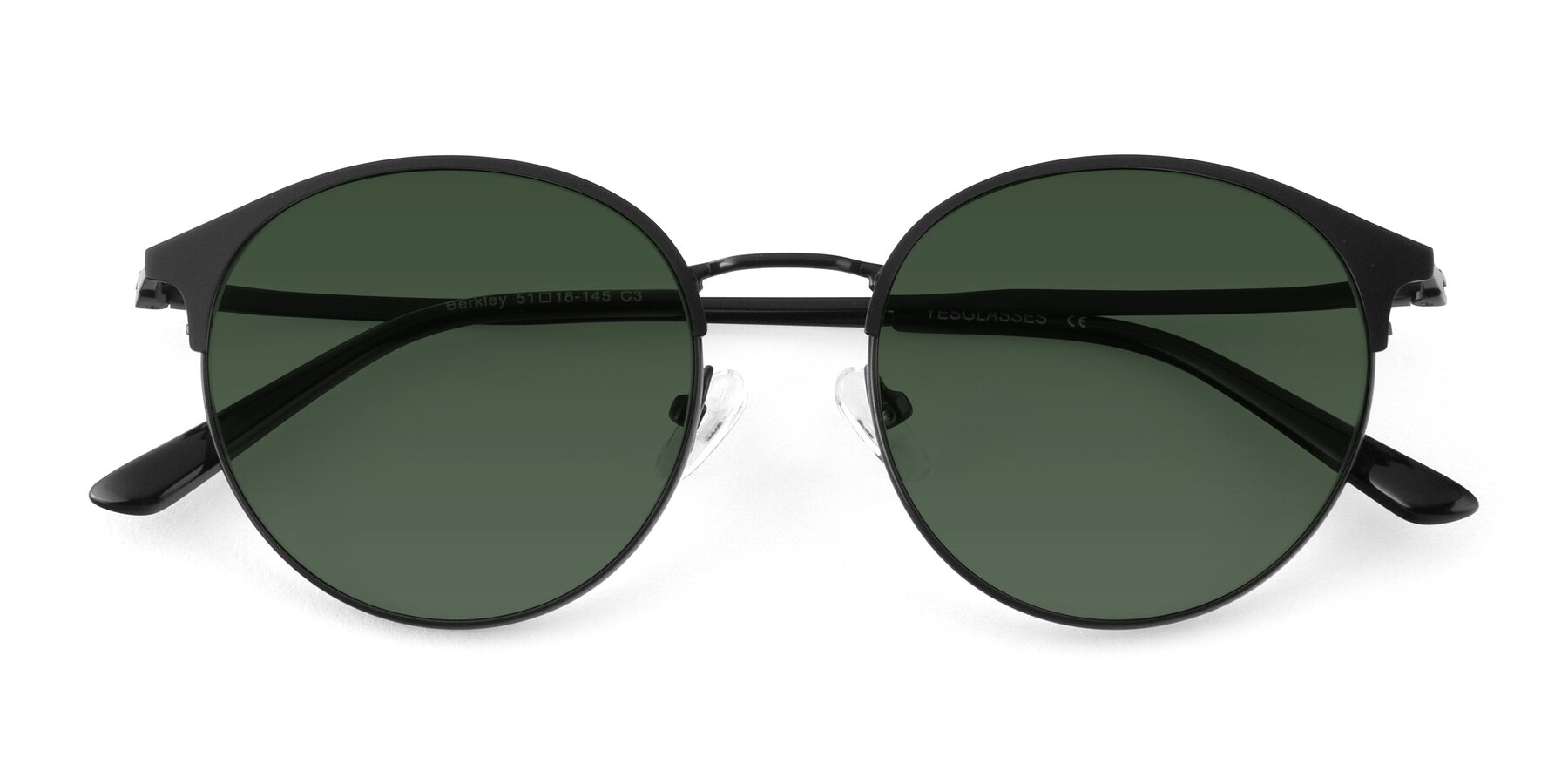 Folded Front of Berkley in Matte Black with Green Tinted Lenses
