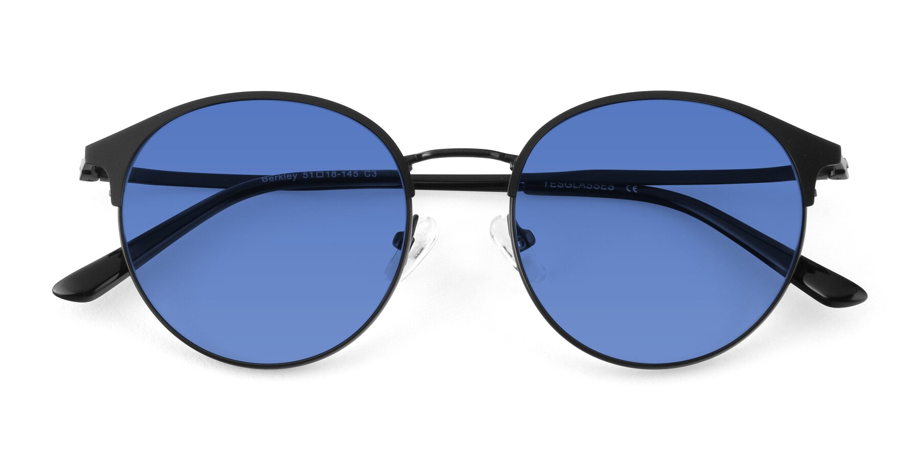 Folded Front of Berkley in Matte Black with Blue Tinted Lenses