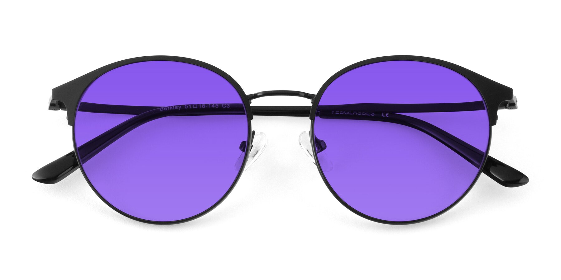 Folded Front of Berkley in Matte Black with Purple Tinted Lenses