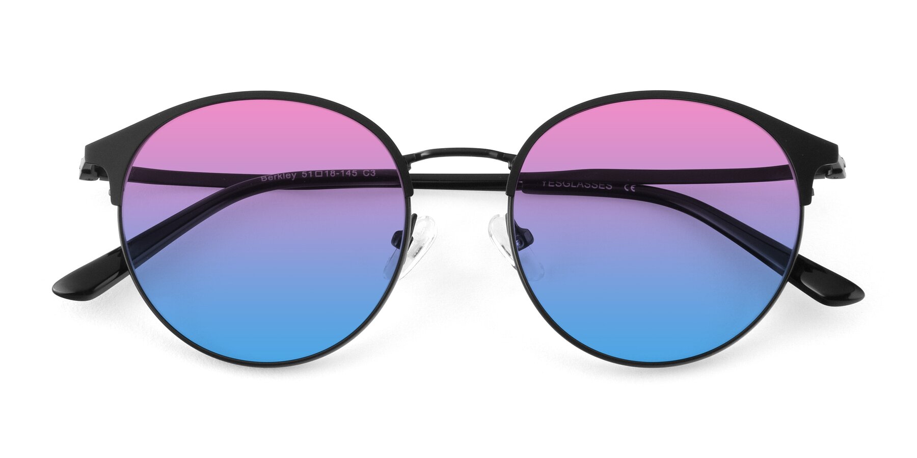 Folded Front of Berkley in Matte Black with Pink / Blue Gradient Lenses
