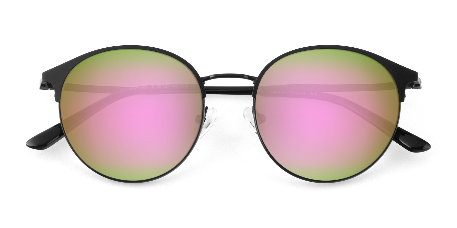 Folded Front of Berkley in Matte Black with Pink Mirrored Lenses
