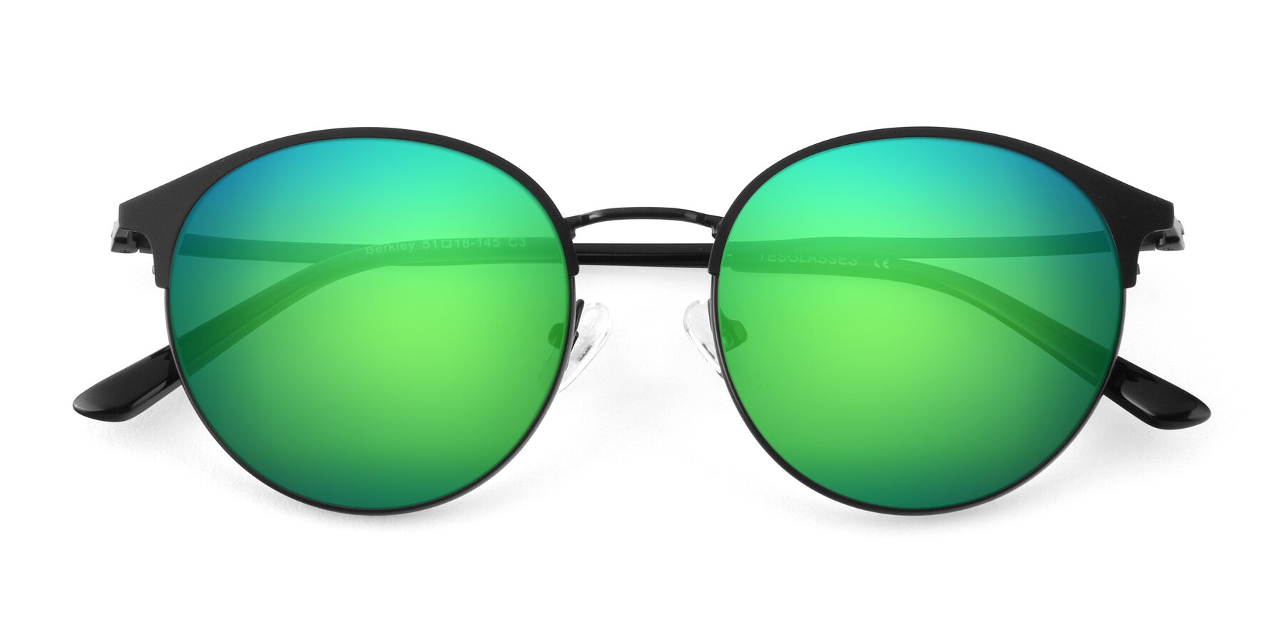 Folded Front of Berkley in Matte Black with Green Mirrored Lenses