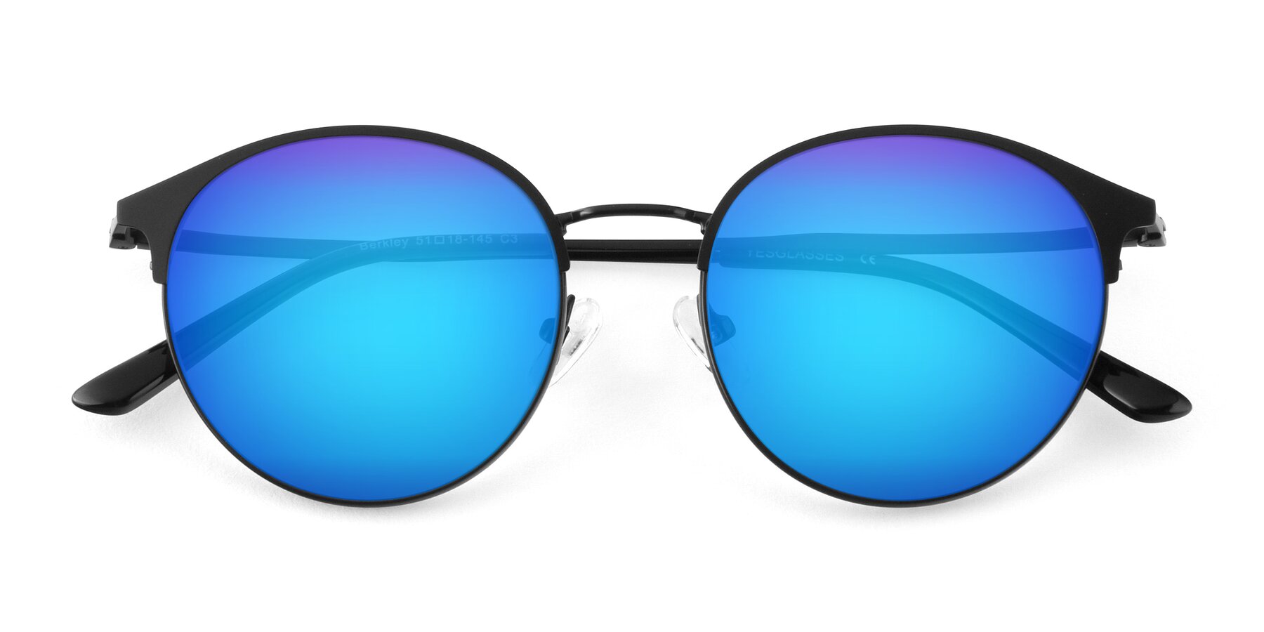 Folded Front of Berkley in Matte Black with Blue Mirrored Lenses