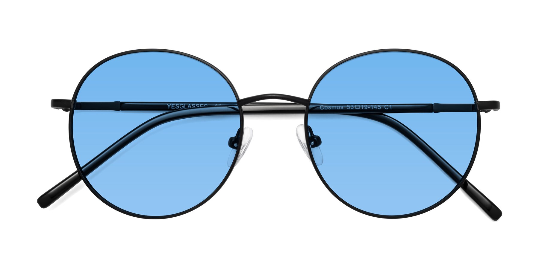Folded Front of Cosmos in Black with Medium Blue Tinted Lenses