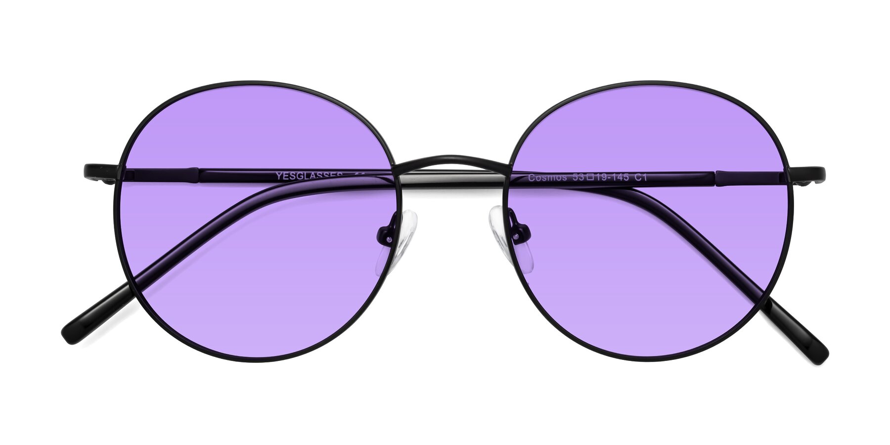 Folded Front of Cosmos in Black with Medium Purple Tinted Lenses