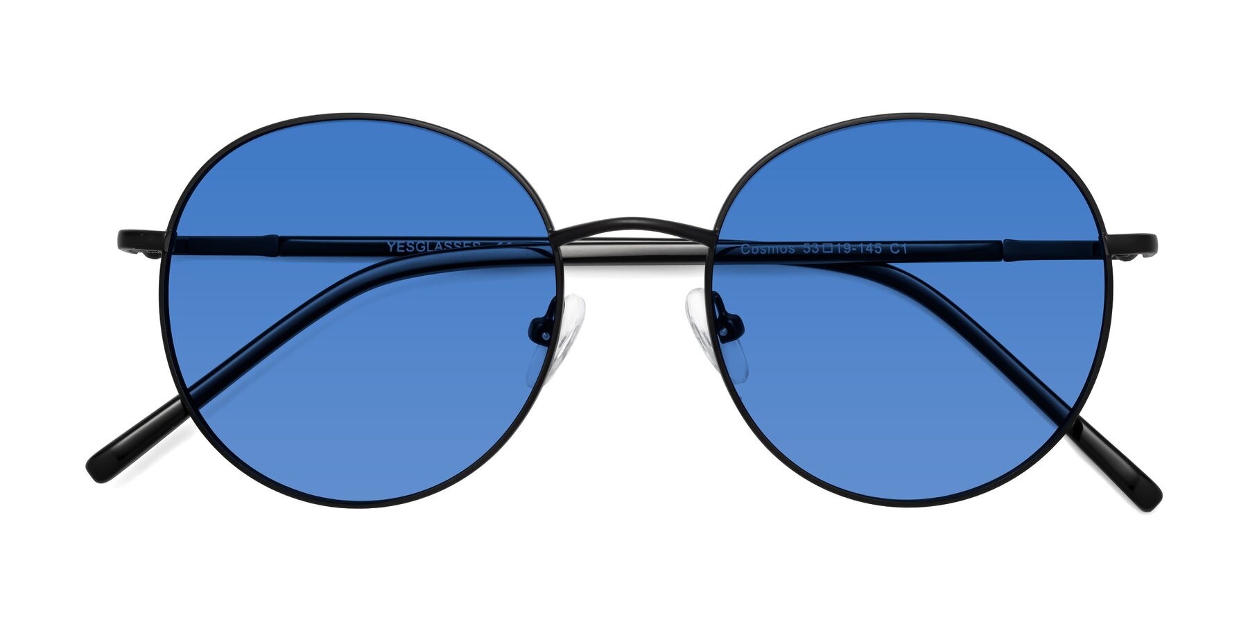 Folded Front of Cosmos in Black with Blue Tinted Lenses