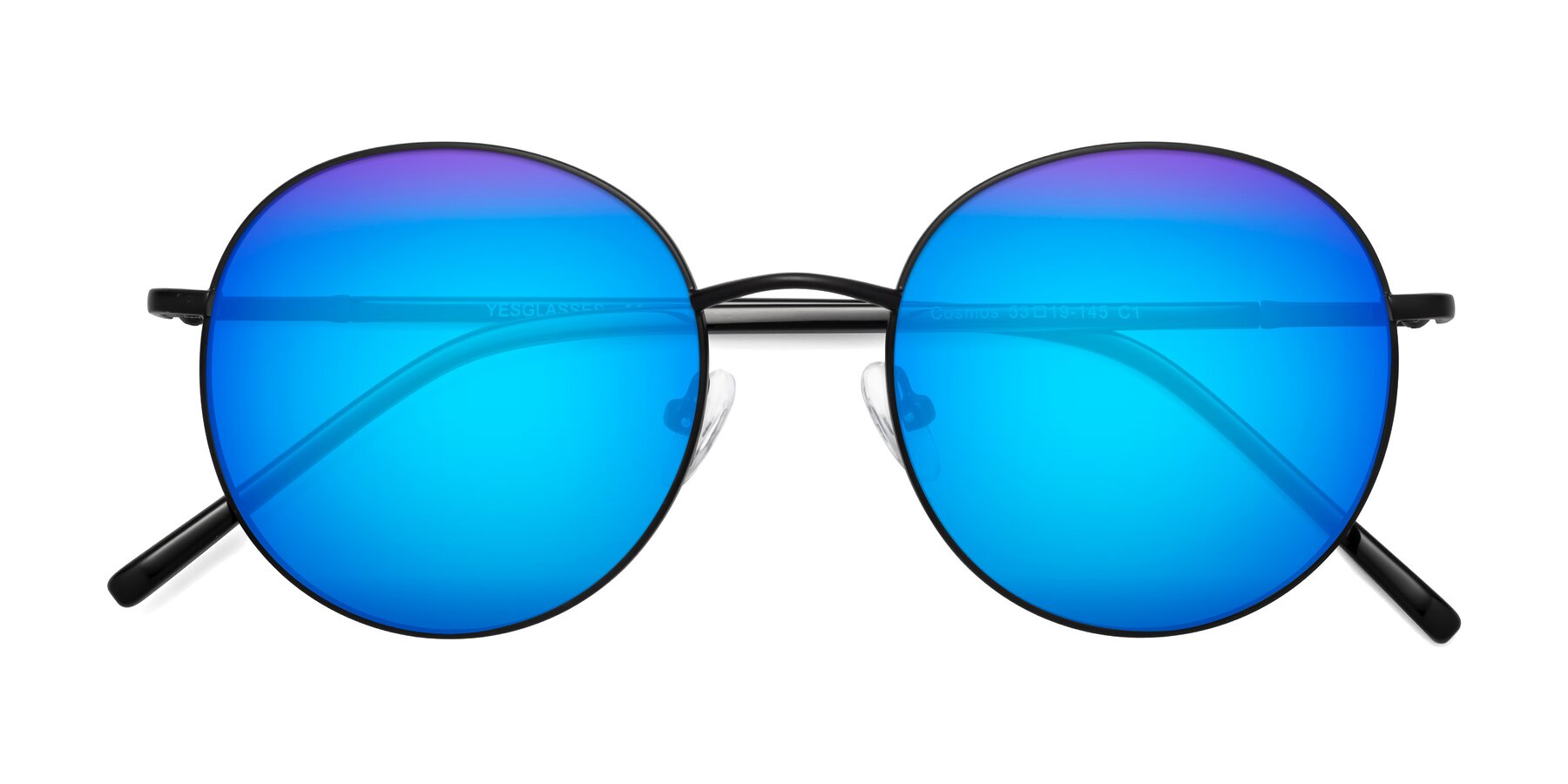 Folded Front of Cosmos in Black with Blue Mirrored Lenses