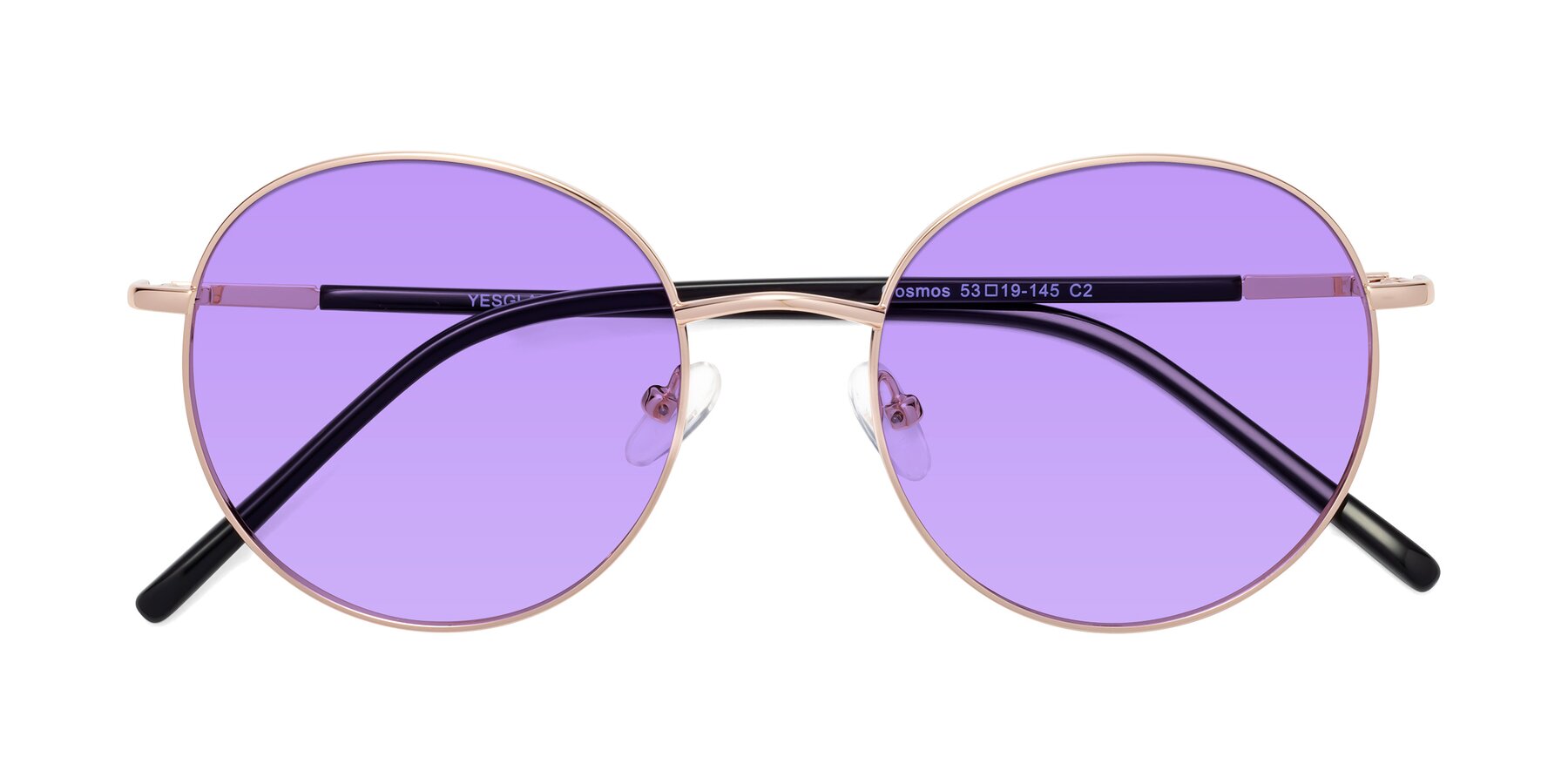 Folded Front of Cosmos in Rose Gold with Medium Purple Tinted Lenses