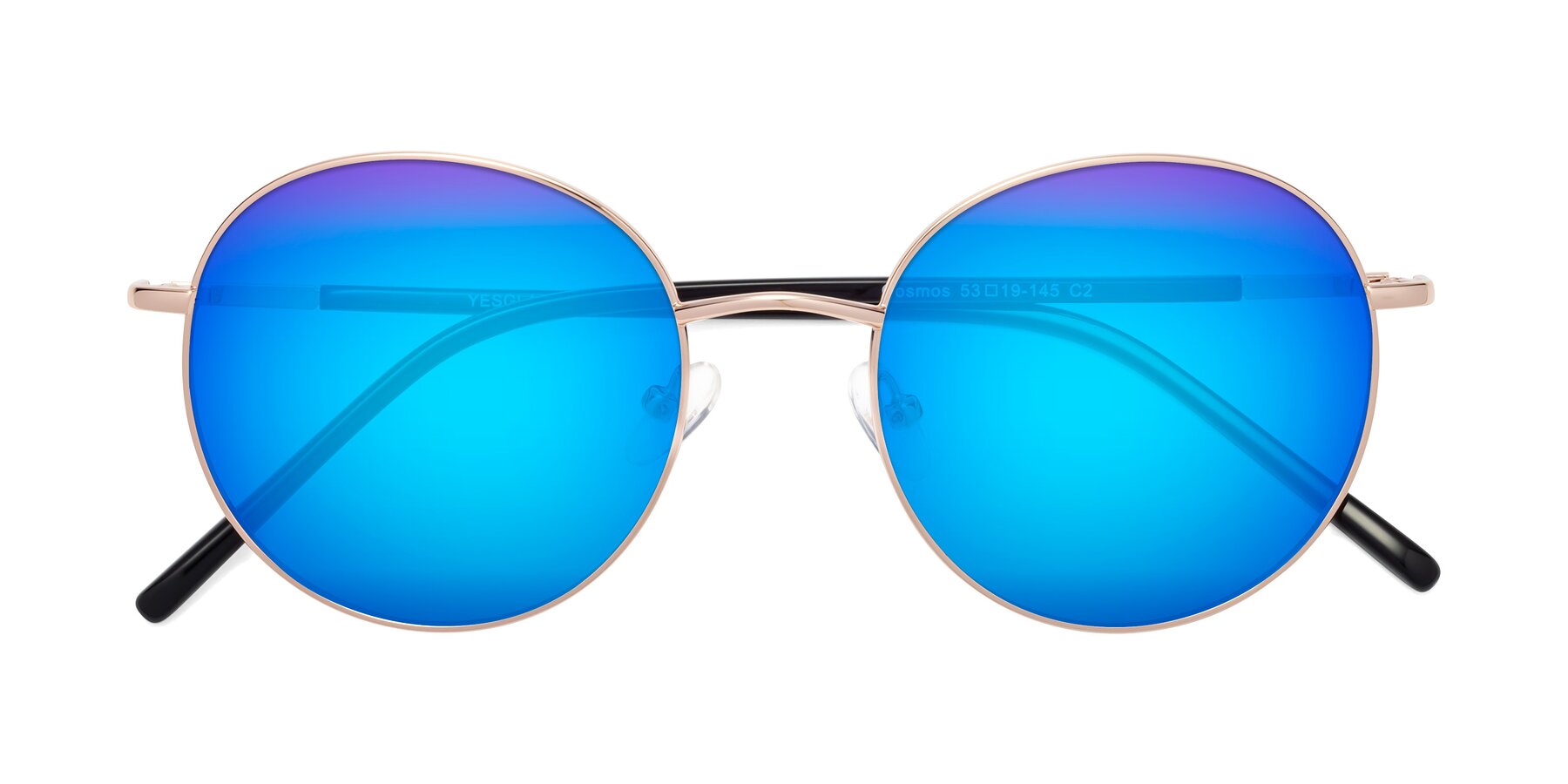 Folded Front of Cosmos in Rose Gold with Blue Mirrored Lenses