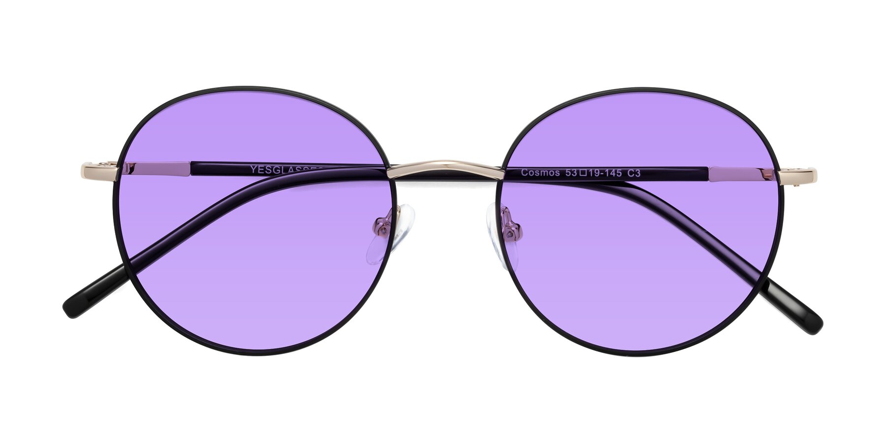 Folded Front of Cosmos in Black-Gold with Medium Purple Tinted Lenses