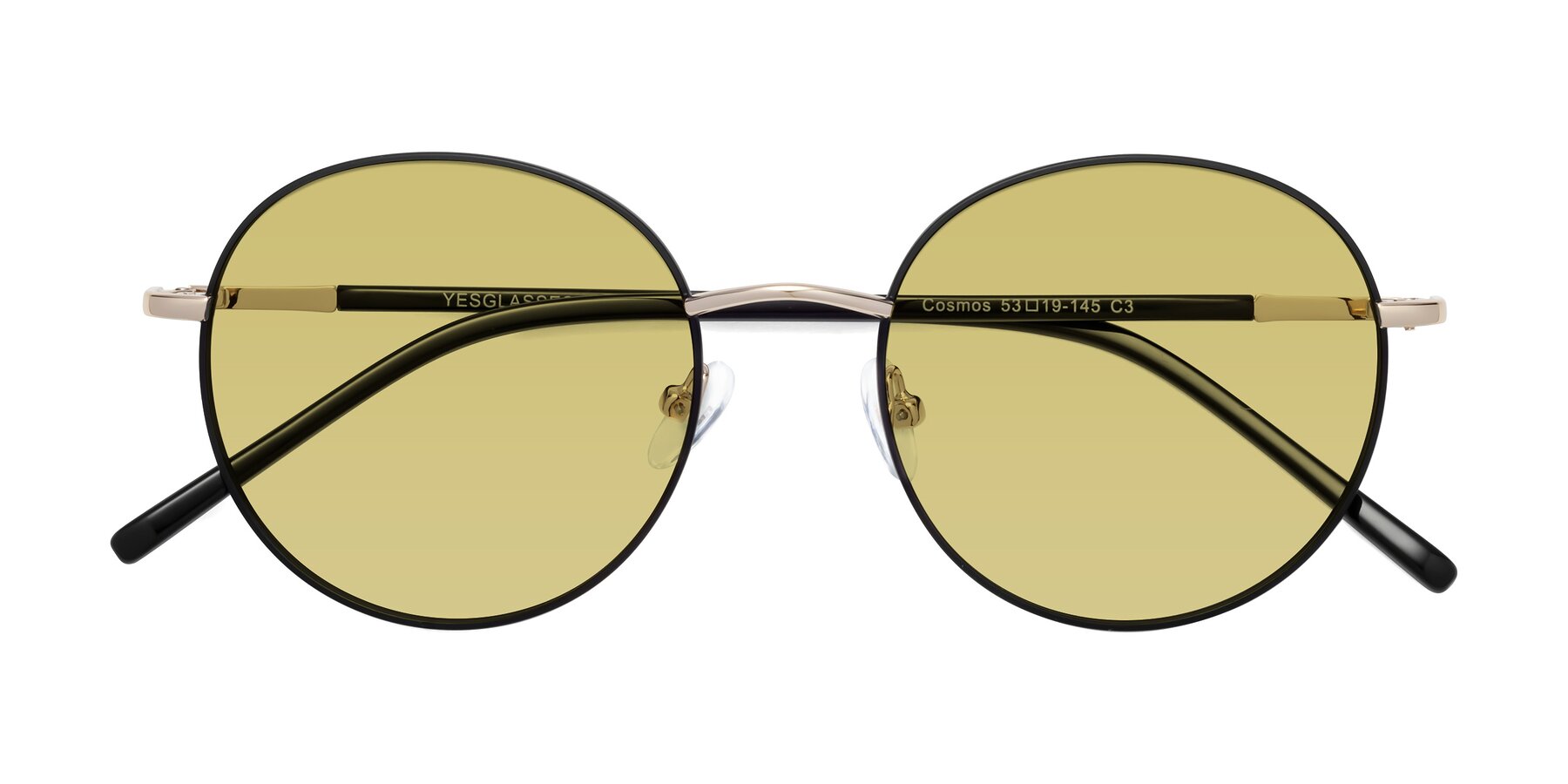 Folded Front of Cosmos in Black-Gold with Medium Champagne Tinted Lenses