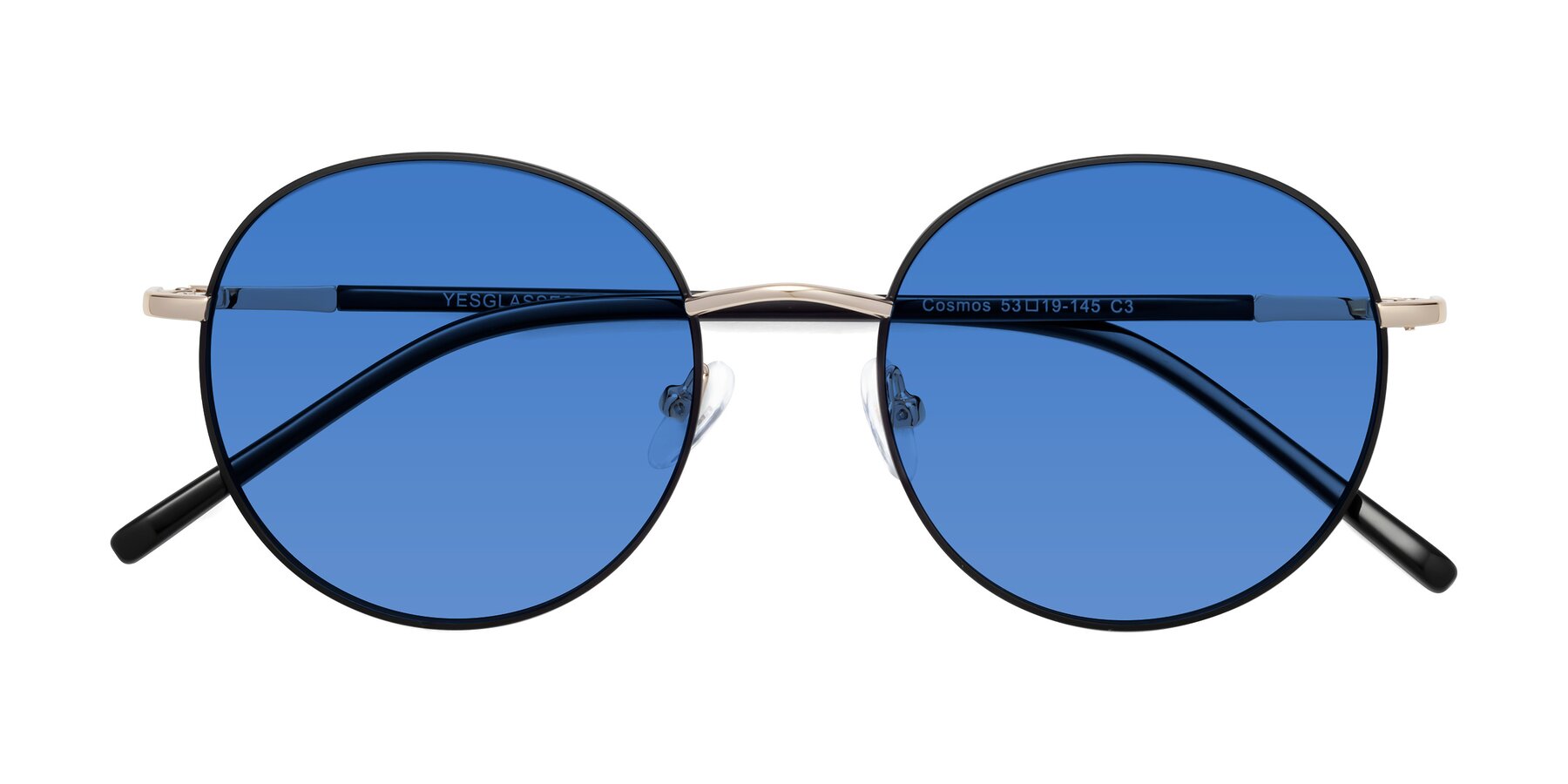 Folded Front of Cosmos in Black-Gold with Blue Tinted Lenses