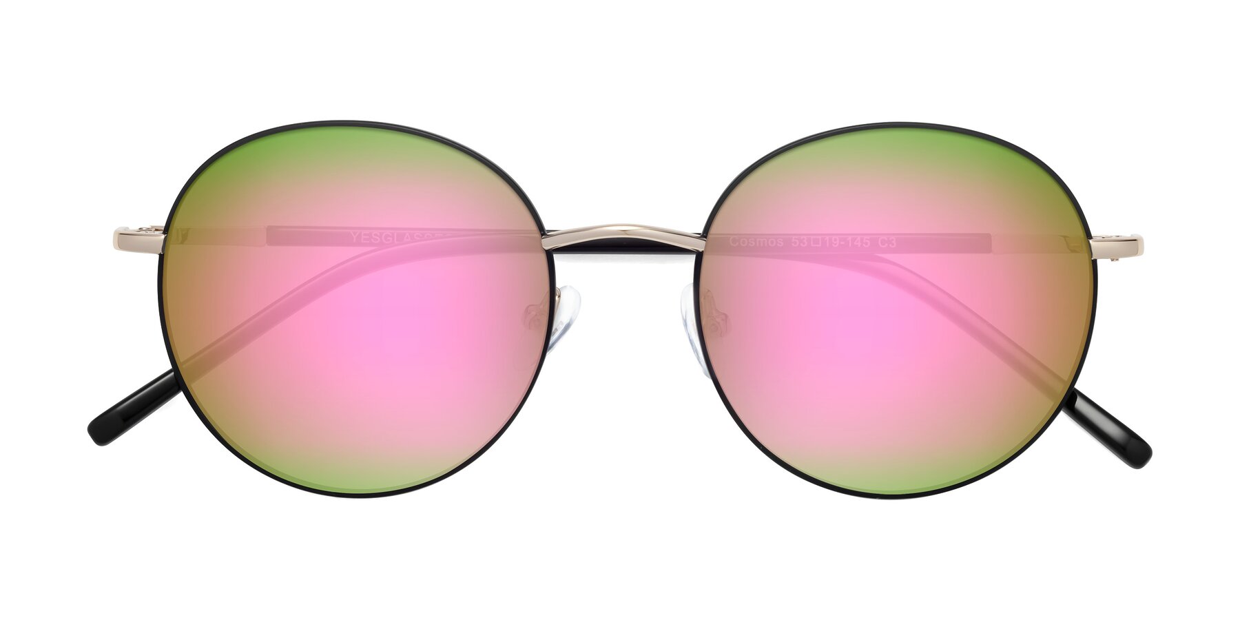 Folded Front of Cosmos in Black-Gold with Pink Mirrored Lenses
