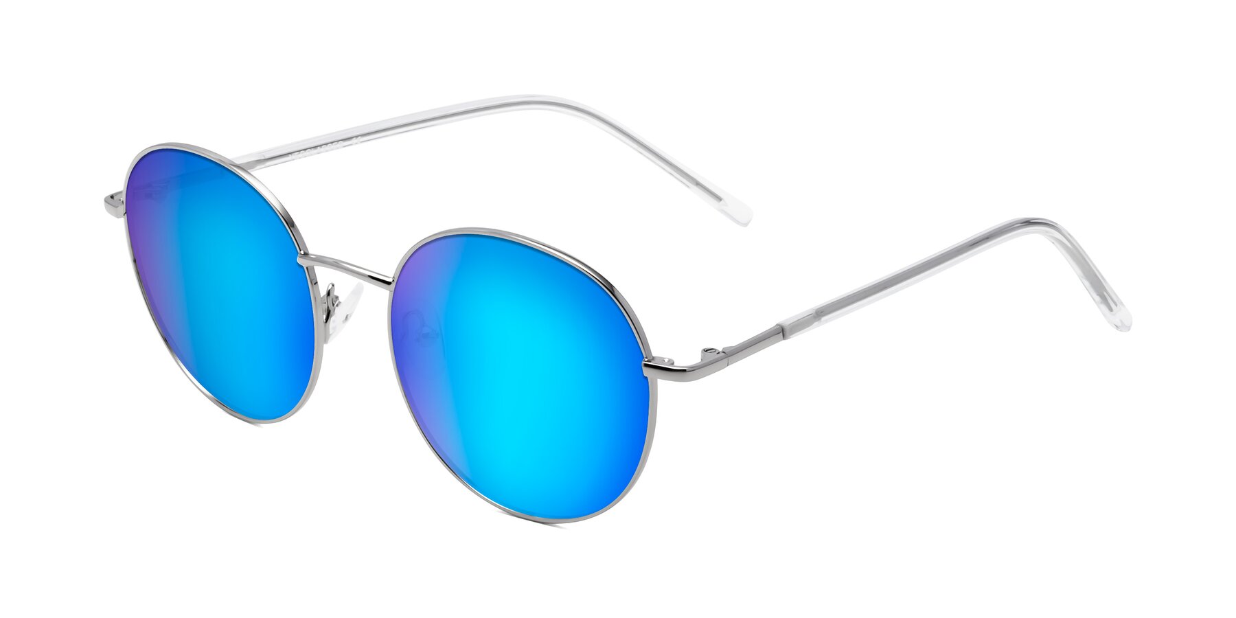 Silver Oversized Metal Round Mirrored Sunglasses with Blue Sunwear Lenses -  Cosmos