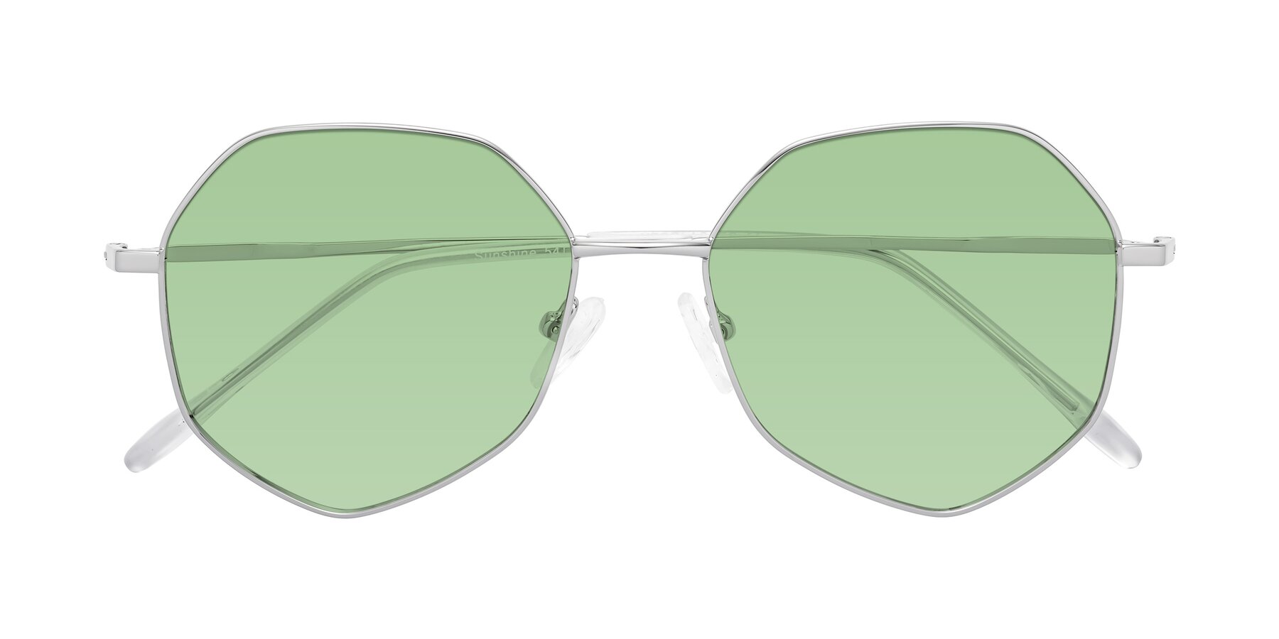 Folded Front of Sunshine in Silver with Medium Green Tinted Lenses
